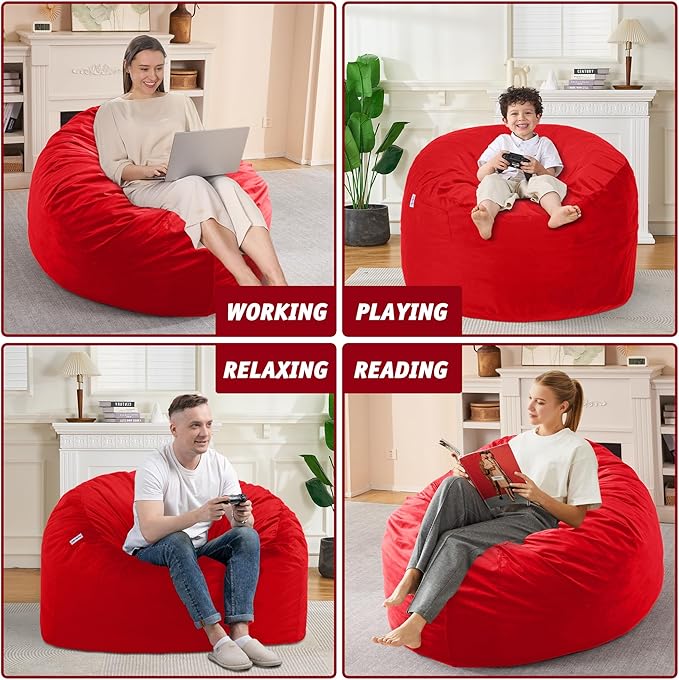 3FT Bean Bag Chair with Ultra Soft Velvet Cover Bean Bag Sofa with Memory Foam Bean Bag Chairs with Large Size Lazy Sofa for Dorm Office Living Room Bedroom Red 3'