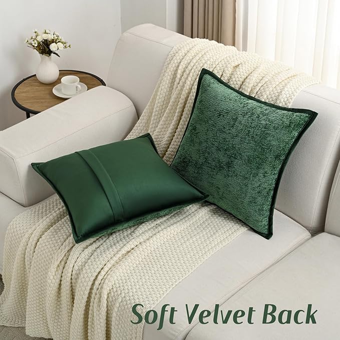 FUTEI Dark Green Chenille Throw Pillow Covers 22x22 Inch Set of 2,Soft Cozy Bound Edge Design Cushion Case,Home Decor for Couch Bed Living Room