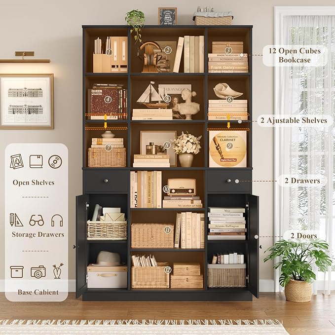 HOSTACK 74" Tall Book Shelf and Bookcase, 45" Wide Bookcase with Doors and Drawers, Modern 6 Tier Bookshelf with Storage, Large Wood Display Cabinet with Adjustable Shelves for Home Office, Black