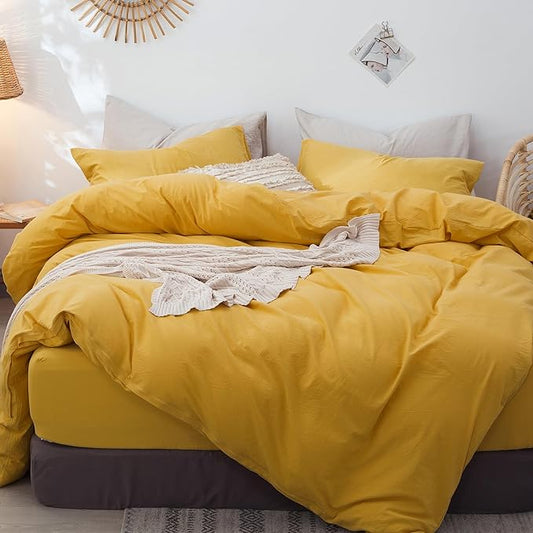 MooMee Bedding Duvet Cover Set 100% Washed Cotton Linen Like Textured Breathable Durable Soft Comfy (Solid Yellow, Twin 68"x90")