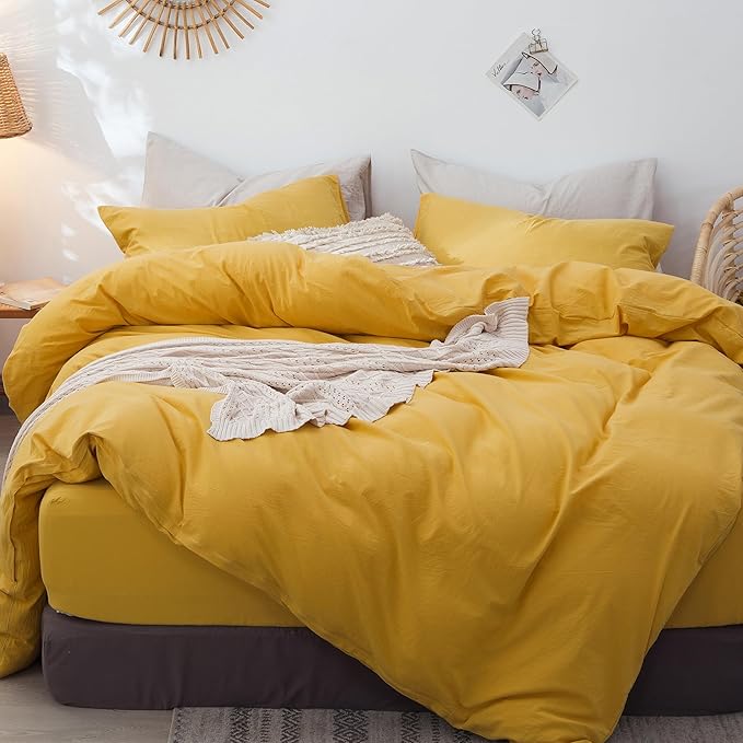 MooMee Bedding Duvet Cover Set 100% Washed Cotton Linen Like Textured Breathable Durable Soft Comfy (Solid Yellow, Cal King 104"x98")