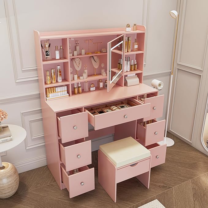 Vanity Desk with Mirror & LED Lights, Built-in Power Outlet, Dimmable LED Lighting, 7 Drawers & 7 Storage Compartments, Includes Padded Stool – Ideal Table for Bedroom Dressing Room (Pink)