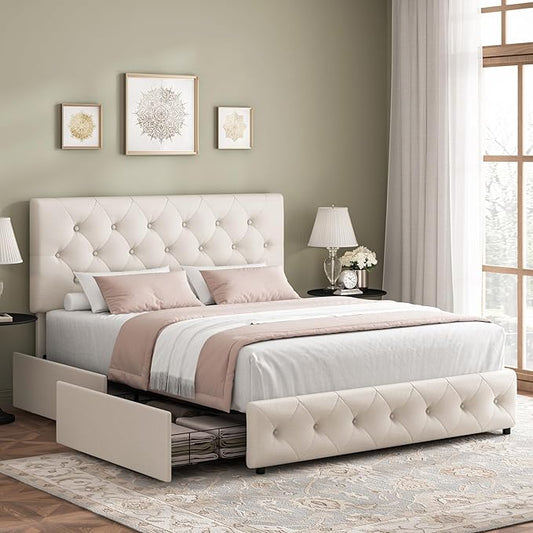 Keyluv Modern Upholstered Bed Frame with 4 Storage Drawers, Button Tufted Headboard Design, Solid Wooden Slat Support, Easy Assembly, Fabric, Beige, Queen Size