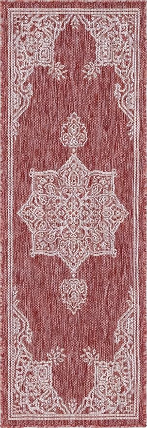 Unique Loom Outdoor Traditional Collection Area Rug - Antique (2' x 6' 1" Runner, Rust Red/ Gray)