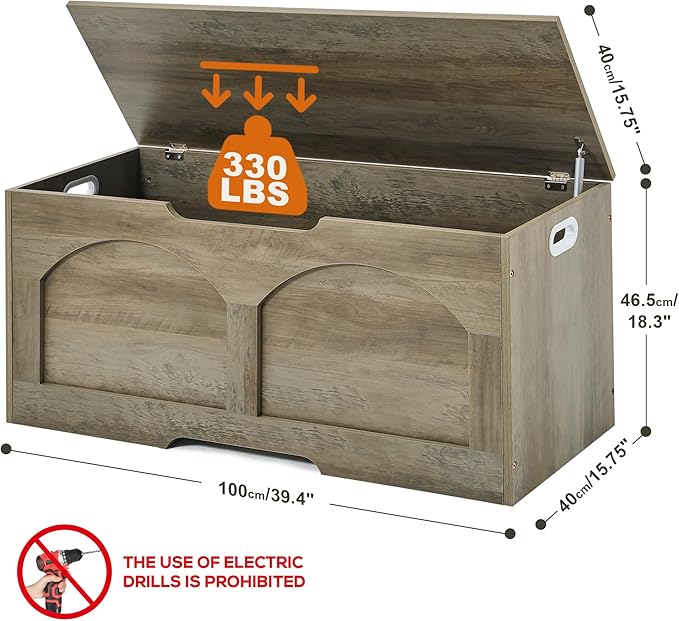Storage Bench, 39.4" Storage Trunk, Storage Chest with U-Shaped Cut-Out Pull, Upgraded Safety Lift Support Hinge, Supports 330 lb, 39.4" x 15.7" x 18.3", Entryway Storage Bench, Greige
