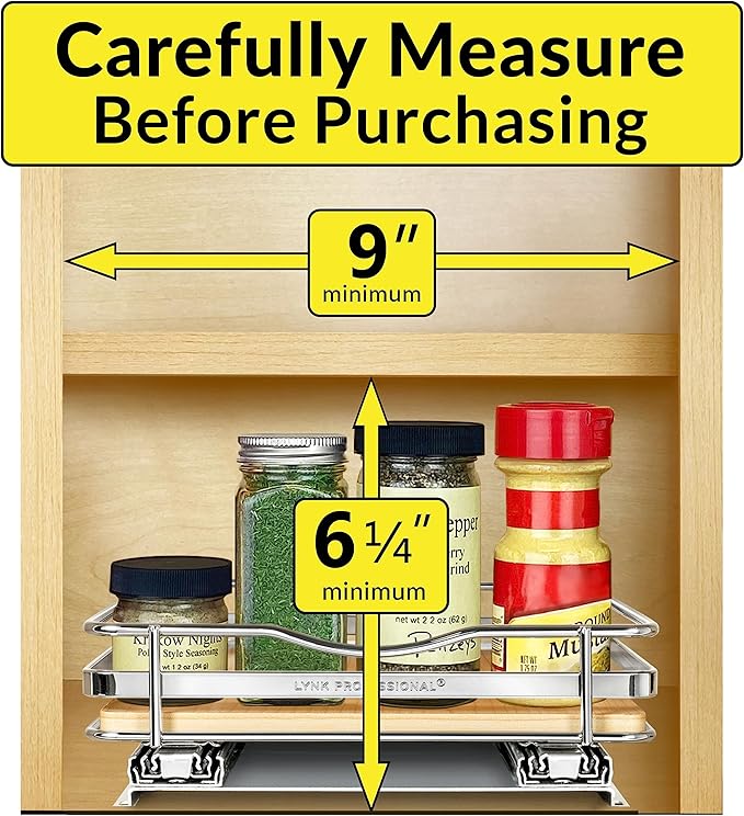 LYNK PROFESSIONAL® Élite™ Pull Out Spice Rack Organizer for Inside Kitchen Cabinets - 8-1/4 inch Wide - Slide Out Drawer – Wood/Chrome Sliding Spice Cabinet Organization Shelf Racks - 1 Tier