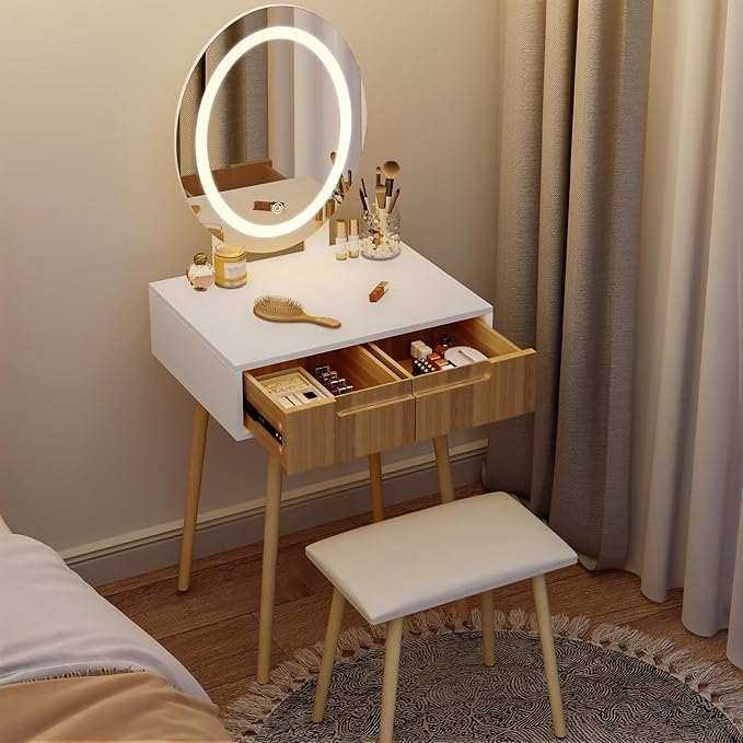 Small Vanity Desk with Mirror and Lights, Wooden Handles with Cushioned Stool, 3 Lighting Modes Round Makeup Table with Upgraded Silent Slides, Compact Vanity for Small Spaces, Natural Oak
