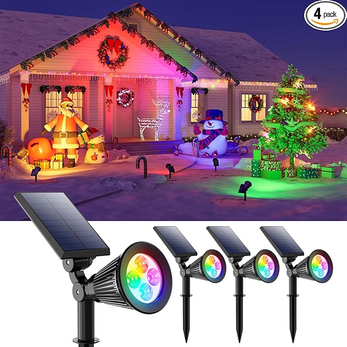 4 Pack Color Changing Solar Spotlights Outdoor for Halloween Decorations Spooky Ghost, Spider Web, Tombstone, Pumpkin, Waterproof Solar Landscape Spot Lights Uplighting for Outside House, Yard, Garden