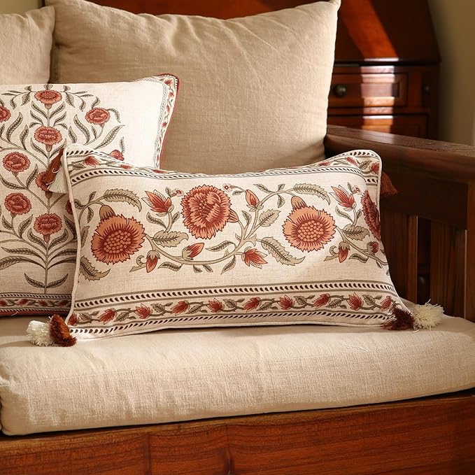 Design Linen Rectangle Vintage Throw Pillow Covers 12"x20" Pack of 2, Brick Red Cushion Covers with Orange Floral Green Leaves Pattern Decor Pillowcases for Bed,Living Room,Outdoor,Car