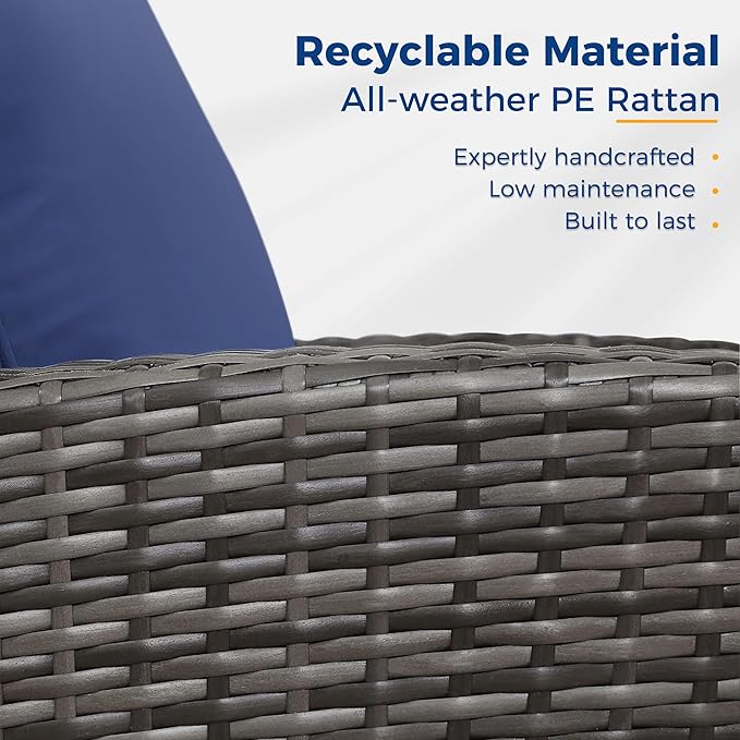 Wisteria Lane 5 Piece Patio Furniture Set, Wicker Outdoor Patio Conversation Furniture Set, All Weather Outdoor Patio Sofa with Cushion and Glass Table, Blue