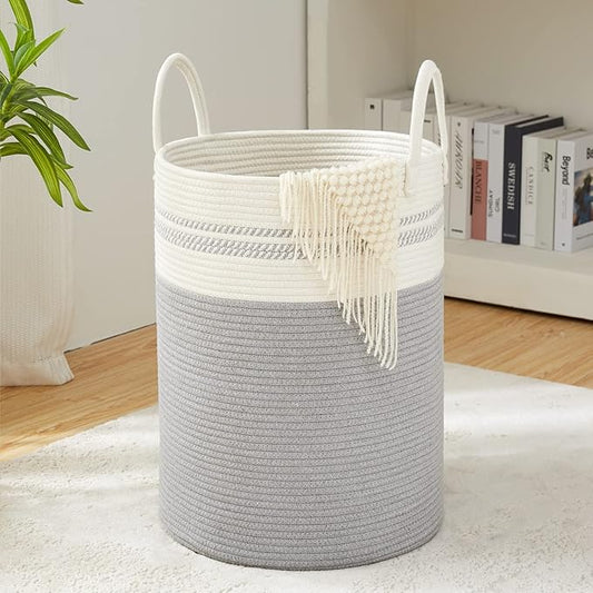 Woven Rope Laundry Hamper Basket, 72L Tall Luandry Basket, Baby Nursery Hamper for Blanket Storage, Clothes Hamper for Laundry in Bedroom-Large-Grey
