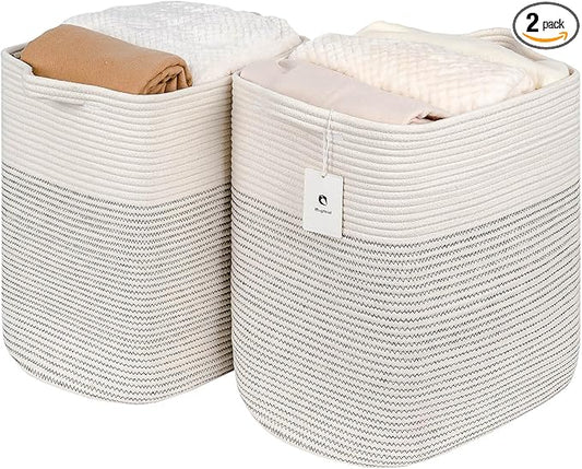 Storage Baskets for Clothes Fabric Cotton Rope Storage Basket bins with Handles, Decorative Woven Basket for Living Room,Closet Organizer Blankets Tall 2 bags White/Black Line, L14×W11×H14