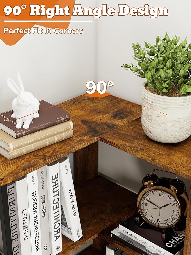 7 Tier Corner Bookshelf 74 Inches Tall Corner Bookcase Industrial L Shaped Book Shelf with Metal Frame Display Rack Storage Organize for Home Office,Living Room,Bed Room (Brown)