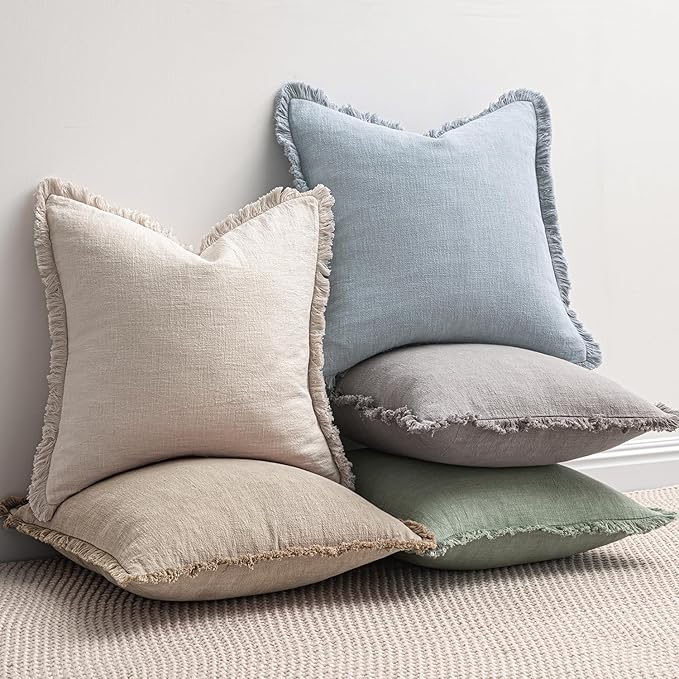 MIULEE Decorative Throw Pillow Covers Neutral Linen Fringe Throw Pillows Set of 2 Sky Blue Boho Farmhouse Cushion Covers for Couch Sofa Bed Living Room Spring Home Decor 18x18 Inch