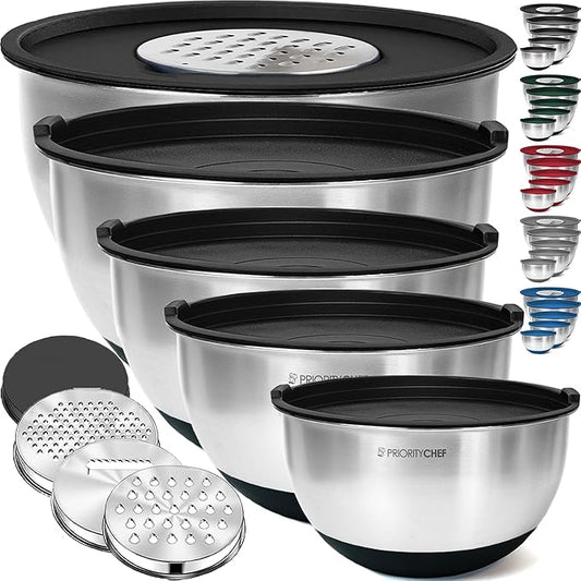 Priority Chef Stainless Steel Mixing Bowls with Lids Set, 3 Grater Attachments, Airtight Lids, Non-Slip Silicone Base Mixing Bowl Set, Large Prep Metal Mixing Bowls for Kitchen, Black