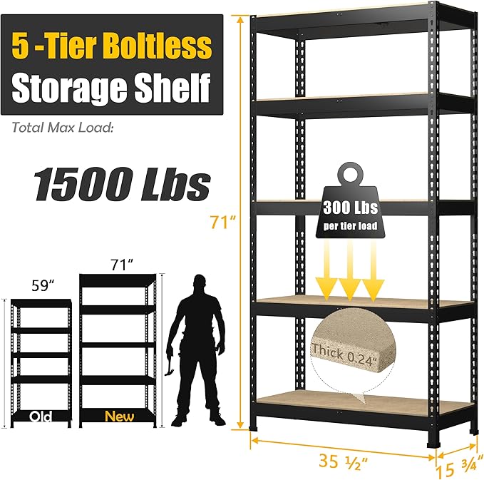 PrimeZone Storage Shelves 4 Packs 5 Tier Adjustable Garage Storage Shelving, Heavy Duty Metal Storage Utility Rack Shelf Unit for Warehouse Pantry Closet Kitchen, 35.5" x 15.75" x 71", Black