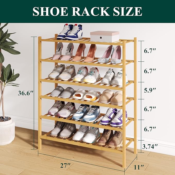 Smiry Bamboo Shoe Rack for Closet, 6 Tier Wooden Stackable Shoe Organizer, Free Standing Shoes Storage Shelf for Entryway, Front Door Entrance, Natural