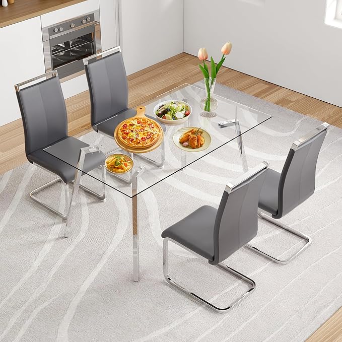 Glass Dining Table Set for 4,Rectangle Dinner Table with 4 Grey Leather Kitchen Chairs,51 in Kitchen Room Dining Set,0.31” Tempered Glass Table Top with Silver Metal Legs,4 Dining Chairs Set