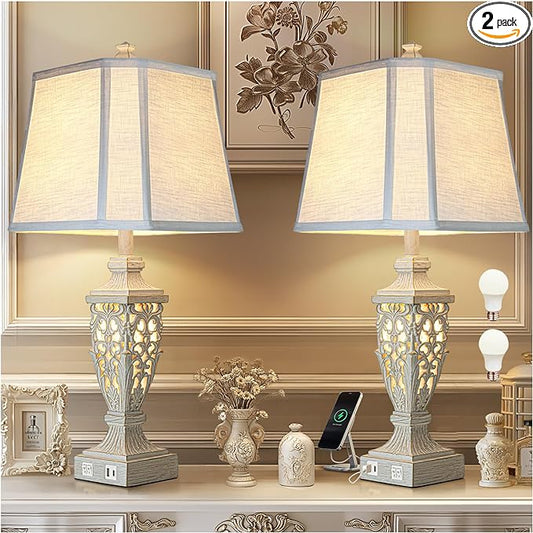 28.5" Lamps for Living Room - Table Lamps Set of 2 with Night Light,Bedside Lamp with White Linen Cut Corner Shade - for Bedroom Room and Nightstand with USB A+C Ports- for Office Hotel(Bulb Included)