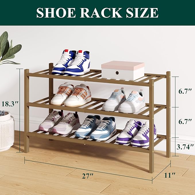 Smiry Bamboo Shoe Rack for Closet, 3 Tier Wooden Stackable Shoe Organizer, Free Standing Shoes Storage Shelf for Entryway, Front Door Entrance, Walnut
