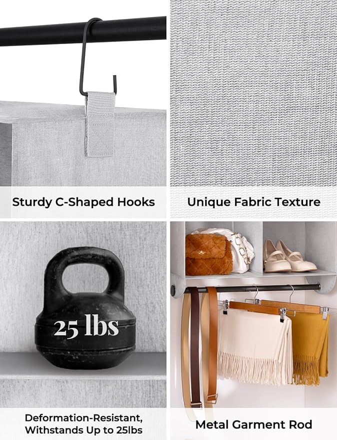 StorageWorks Hanging Closet Organizer with Metal Rod, 4-Section Closet Organizers and Storage, Collapsible Hanging Shelves for Closet, Bedroom, Kids Dorm Room, RV Camper, Gray and White