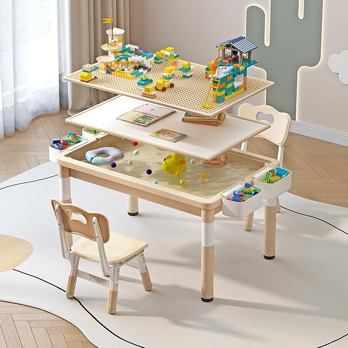 Kids Table and 2 Chairs with Storage, Children Water and Sand Activity Tables Height Adjustable, 34.6''L x 24.4''W Toddler Table for Buliding Blocks, Drawing, Eating, for Kids Age 2-10, Beige