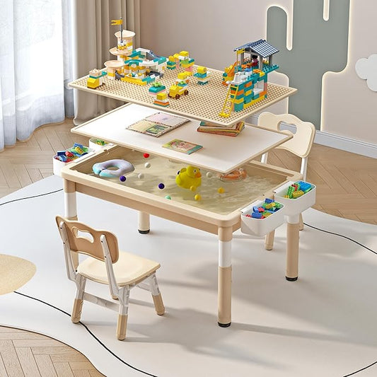 Kids Table and 2 Chairs with Storage, Children Water and Sand Activity Tables Height Adjustable, 34.6''L x 24.4''W Toddler Table for Buliding Blocks, Drawing, Eating, for Kids Age 2-10, Beige