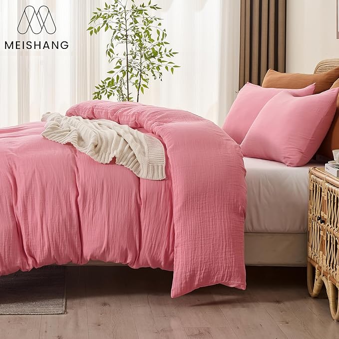 MEISHANG Muslin Duvet Cover Queen Size - 100% Organic Cotton, Soft Textured Gauze Weave Comforter Cover for Breathable All-Season with Zipper Closure - 3 Piece Set (Queen, Pink)