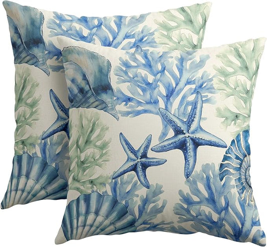 Kawani Beach Theme Pillow Covers 22x22 Inch Coastal Starfish Coral Outdoor Throw Pillows Set of 2 Summer Ocean Nautical Pillowcases Rustic Cushion Covers for Couch Home Decor