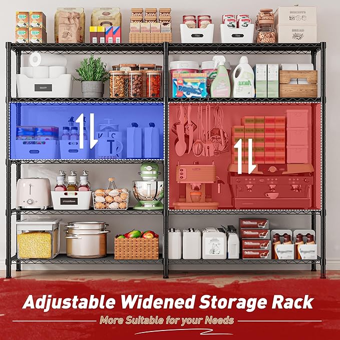 REIBII1450LBS Metal Shelving Unit Storage Shelves 5 Tier Wire Shelving 58.1''W Pantry Shelves Wire Shelf Adjustable Garage Shelving Heavy Duty Storage Rack for Pantry Kitchen Garage, Black，2 Pack