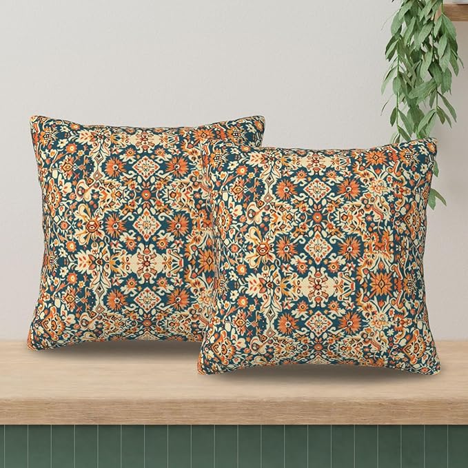 Navy Blue Orange Carpet Pattern Pillow Covers 16x16 Inch Set of 2, Boho Ethnic Style Fall Outdoor Decorative Throw Pillows Vintage Cushion Covers for Sofa Bed Couch Living Room Decor