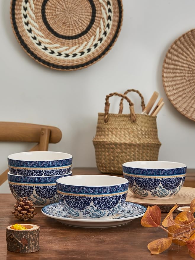 Bico Blue Talavera Cereal Bowls Set of 4, 26 oz Deep Ceramic Soup Bowls for Cereal, Salad, Noodles, Kitchen, Microwave and Dishwasher Safe, Gift for Housewarming and Thanksgiving