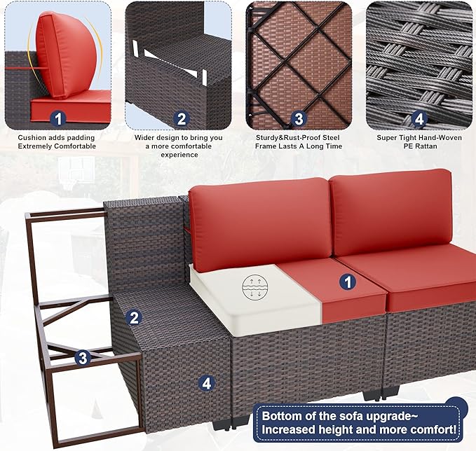 Kurapika 14 Pieces Patio Furniture Set, Rattan Wicker Outdoor Conversation Sets w/43in Propane Fire Pit Table and 4 Inch Cushion(Red)