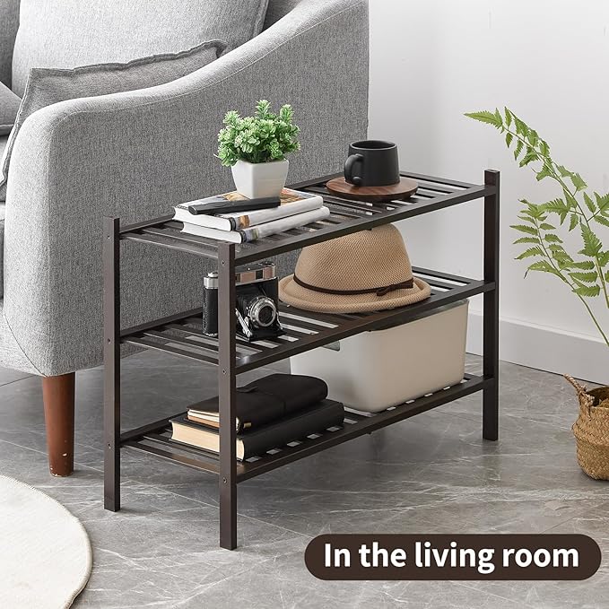 Shoe Rack, 3-Tier Bamboo Stackable Shoe Shelf Storage Organizer, Shoe Stand for Closet, Entryway and Hallway
