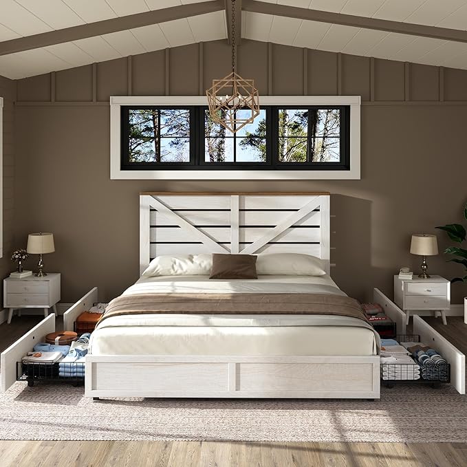 AMERLIFE Full Size Farmhouse Bed Frame with 4 Drawers, Wooden Storage Bed Frame with Headboard and Heavy Duty Metal Slats, Noisy Free, Easy Assemble, White/Barnwood