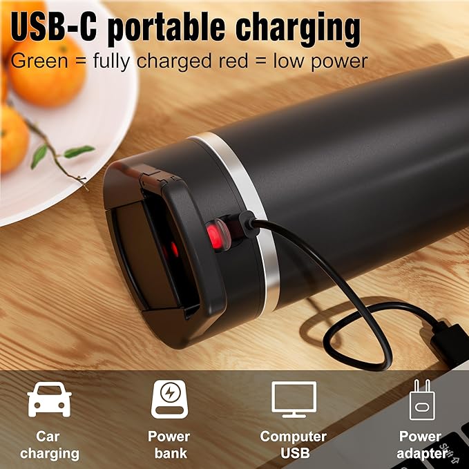 Portable Personal Blender 24oz Vacuum Cup Cordless Blender for 120 Watt Rechargeable Personal Size blender With Stainless Steel Bottle Ideal For-Shakes and Smoothies, BPA Free (Black）