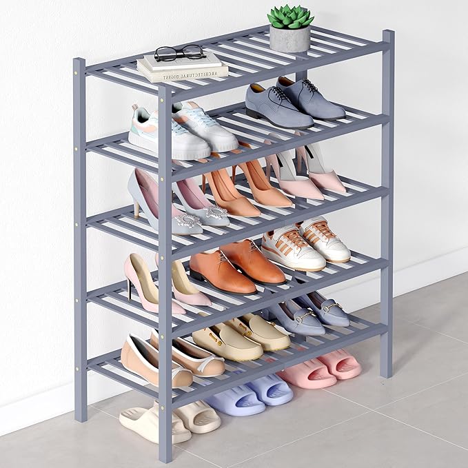 Smiry Bamboo Shoe Rack for Closet, 5 Tier Wooden Stackable Shoe Organizer, Free Standing Shoes Storage Shelf for Entryway, Front Door Entrance, Grey
