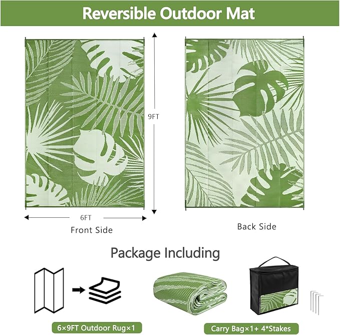 Waterproof Outdoor Rug 6x9 ft, Reversible Plastic Straw Mat with Leaf Pattern, Large Floor Mat for Patio, Camping, Picnic, Backyard RV, Deck, Light Green