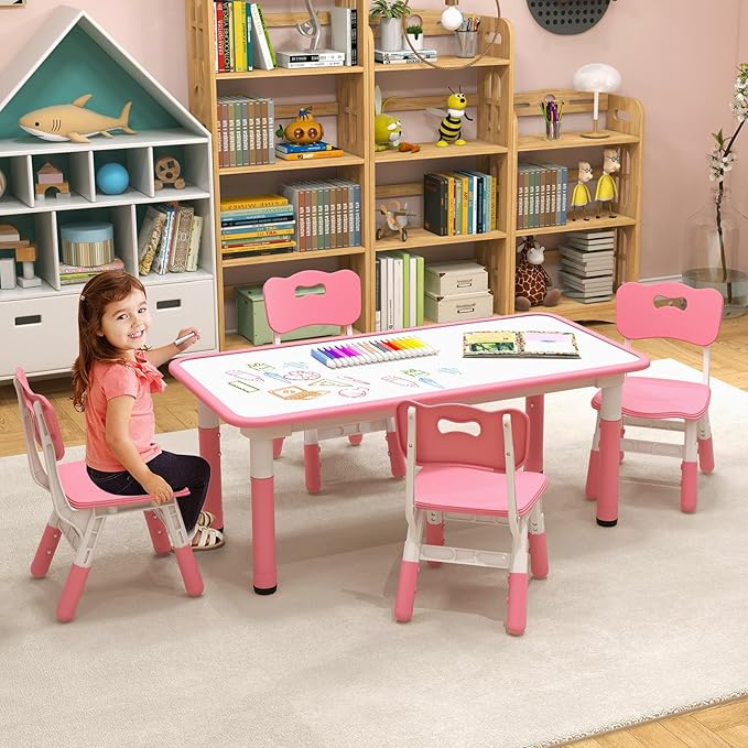 Costzon Kids Table and 4 Chair Set, Height Adjustable Toddler Desk and Chairs with Graffiti Desktop, Non-Slip Legs, Children Art Study Multi-Activity Table Set for Home, Daycare, School (Pink)