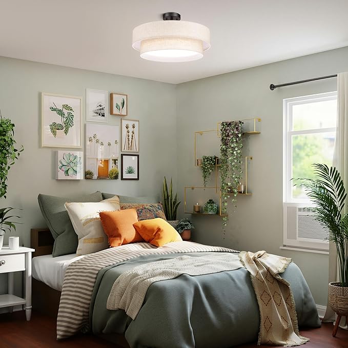 Hamilyeah 20 Inch Semi Flush Mount Round Ceiling Light Fixture, 48W LED With Fabric Shade, Dimmable Drum Double Layer 5CCT for Living Room, Office