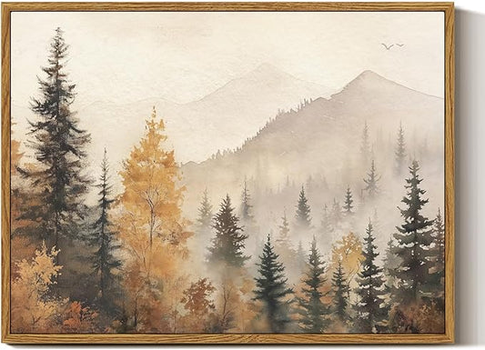 InSimSea Framed Canvas Wall Art Vintage Decor, Fall Trees Forest Wall Decor for Living Room Bedroom Office, Rustic Autumn Landscape Mountains Prints, Home Desk Decorations, 12x16inch
