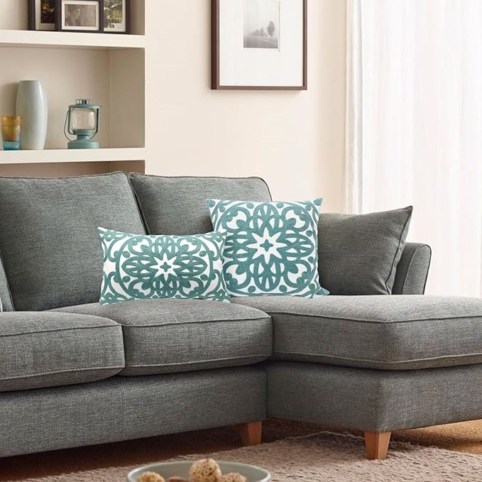 Alysheer Embroidered Lumbar Decorative Throw Pillow Cover 12"x 20", Classic Boho Mandala Embroidery Pattern Cotton Farmhouse Rectangular Cushion Case for Sofa Couch Living Room Bedroom(Dusty Blue)