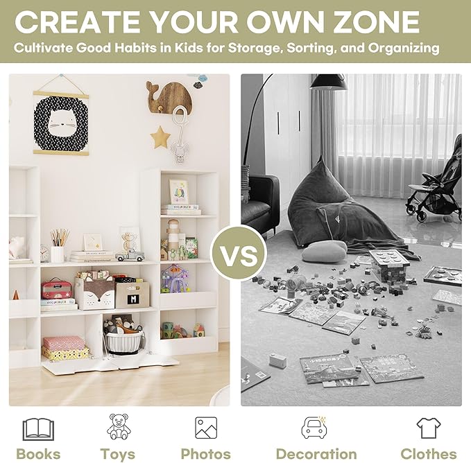 4 Tier Kids Bookshelf and Toys Storage Organizer - Bookcase for Kids Room,9 Cube Toys Bookshelf with 2 Drawers,Book Shelf for Living Room Nursery for Children, Toddlers, Gifts,White