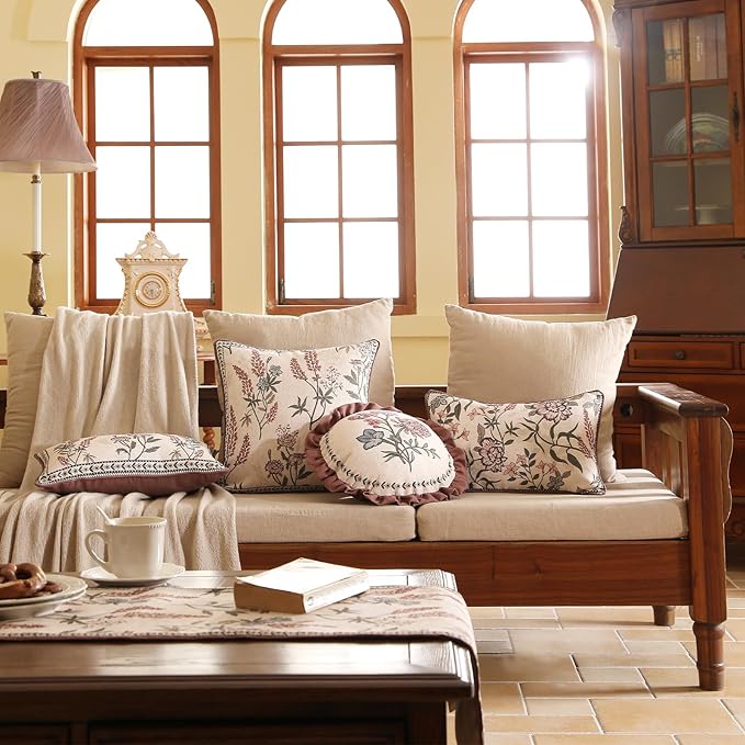 Design Linen Vintage Throw Pillow Covers Diameter 16", Round Cushion Covers with Blue Pink Flowers Green Leaves Pattern Decoration Pillowcases for Bed,Living Room,Outdoor,Car