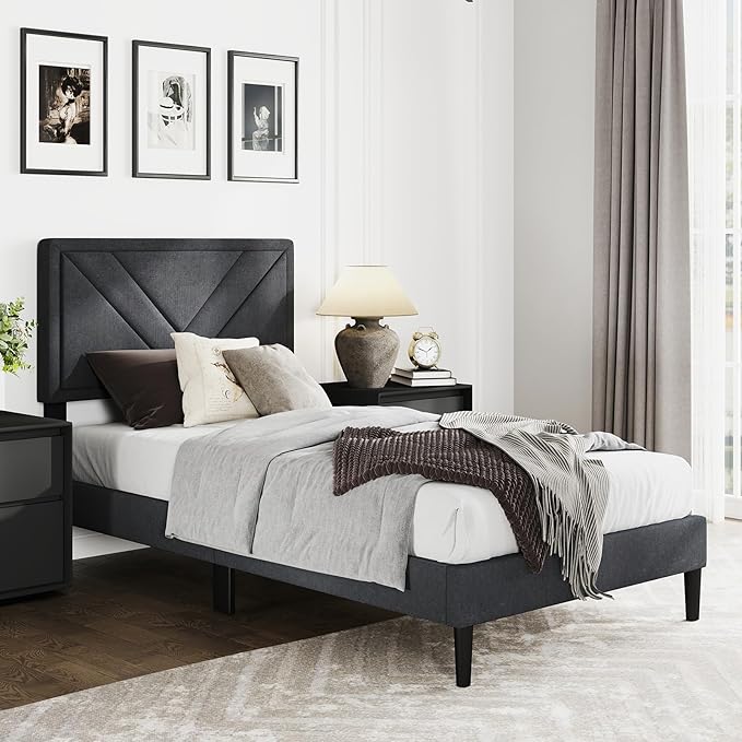 Giantex Twin Bed Frames with Headboard, Modern Upholstered Platform Bed Frame with Diagonal Channel Tufting Headboard, Wooden Slats Support, No Box Spring Needed, Gray