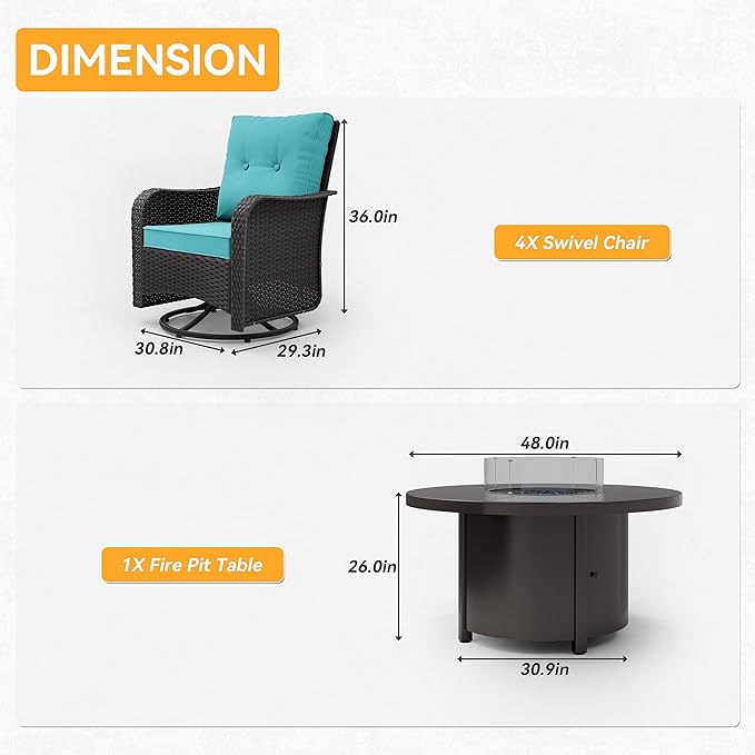 Kurapika 5 Pieces Patio Furniture Set, Rattan Wicker Outdoor Conversation Sets, 4 Woven Rattan Swivel Chairs w/48in Propane Fire Pit Table and Thickened Cushions, Blue