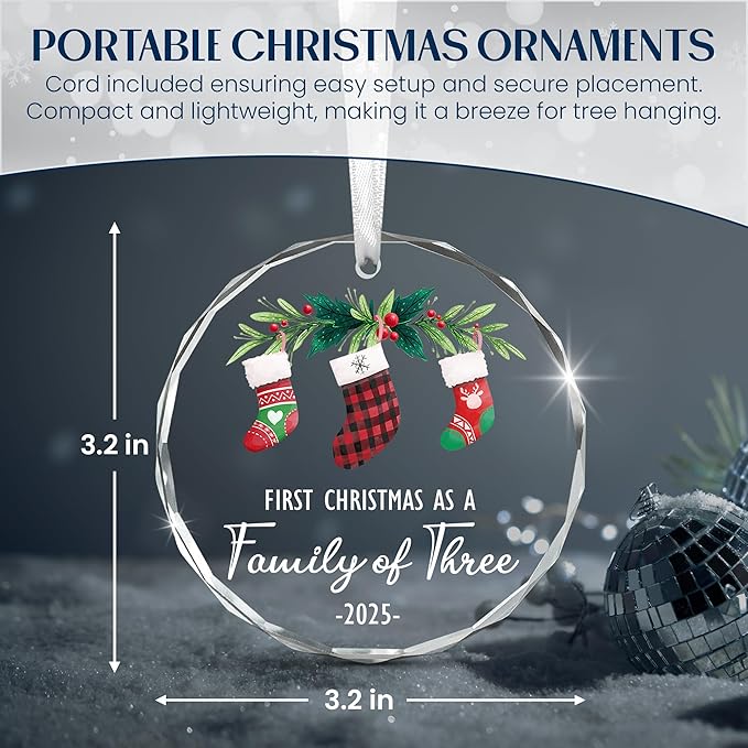 Baby’s First Christmas Ornament 2025 – Christmas Tree Decoration Glass Ornaments - Family of Three Ornament Gifts for New Parents, New Mom Dad Gift, Christmas Tree Decoration Keepsake