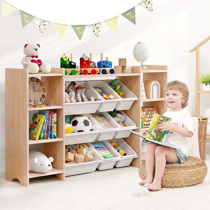 MallBest 4-Tier Kids' Toy Storage Organizer Shelf - 100% Solid Wood,Extra Wide Children's Storage Cabinet with 9 Plastic Bins and 6 Storage Ports