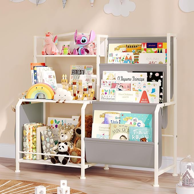 Bookshelf for Kids, 3 Tier Toddler Bookshelf with Toy Storage Organizer, Nursery Book Shelves, Kids Book Shelf Bookcase for Kid Rooms Playroom, White/Grey