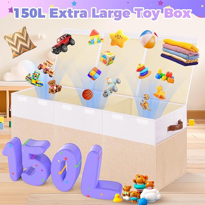 Extra Large Toy Storage Box with Lid, Collapsible Sturdy Toys Chest Storage Organizer Bin Basket with Divider for Kids, Boys, Girls, Closet, Playroom, Bedroom, Nursery, 40"X14"X16", Beige & White